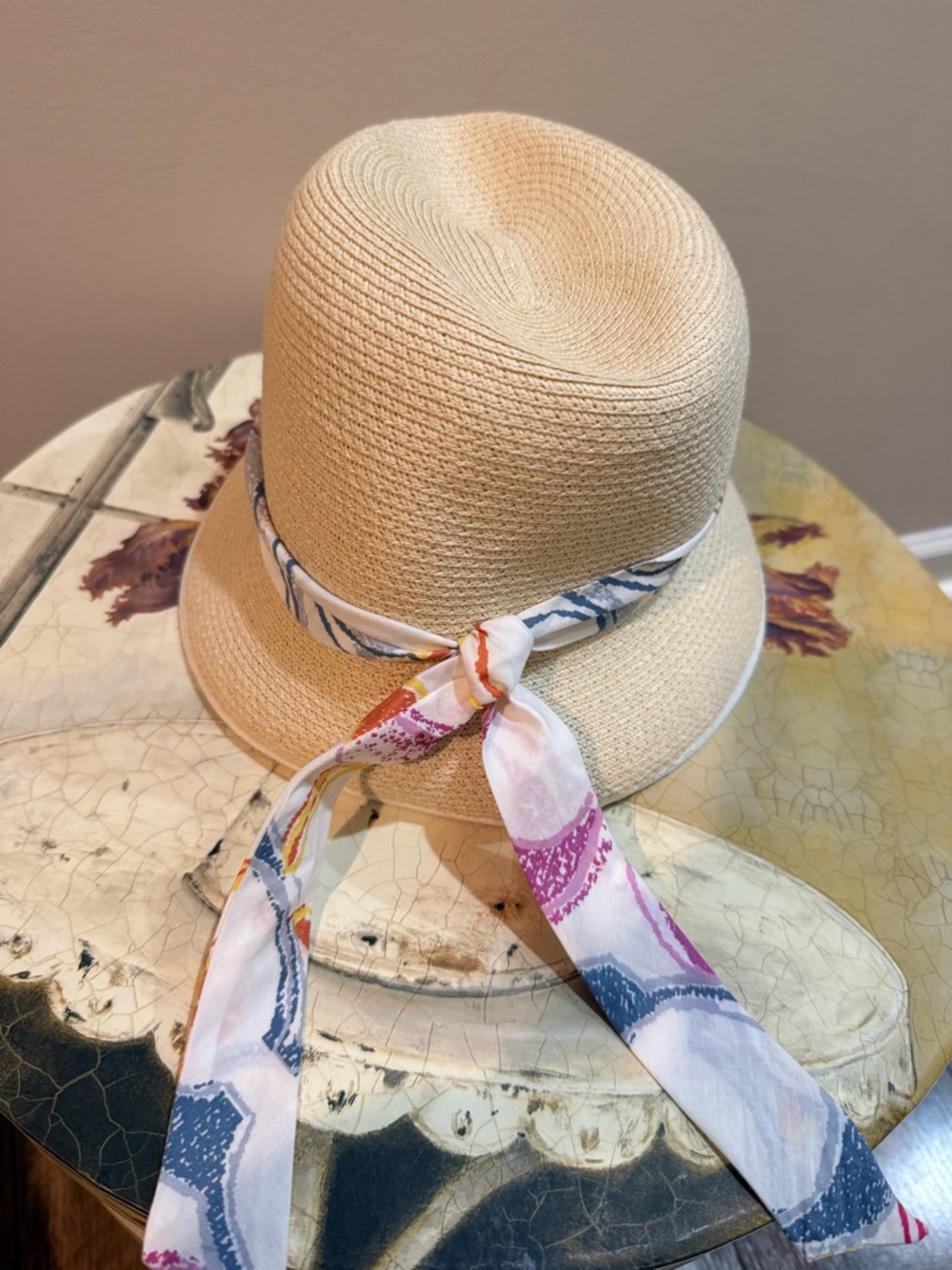 Coach Cream Straw Cloche Hat with Multicolor Printed Scarf